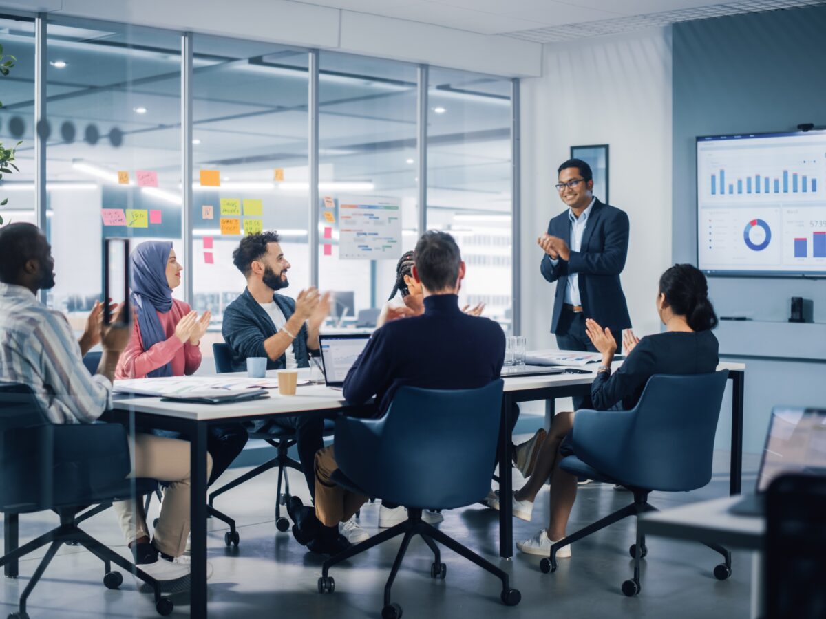 Multi ethnic,Office,Conference,Room.,Indian,Ceo,Does,Presentation,For,Diverse