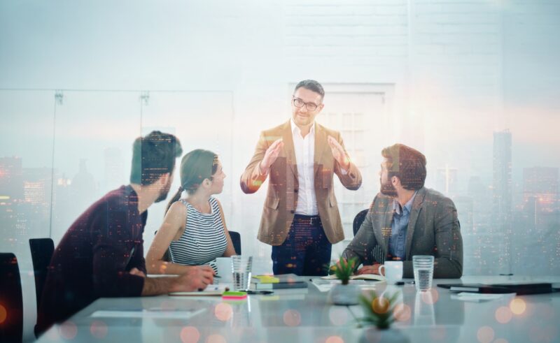 Business,,Meeting,And,Man,For,Presentation,By,Double,Exposure,,Cityscape